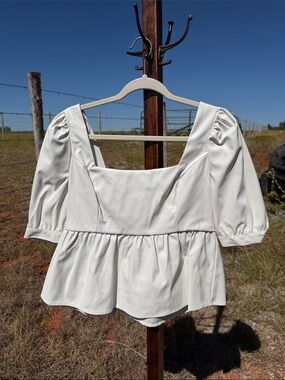 White Leather Square-Neck Peplum Puff-Sleeve Top